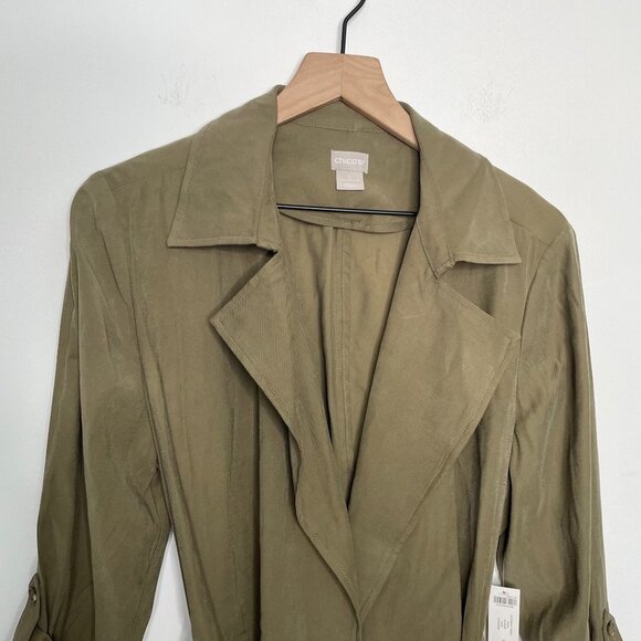 NWT Chicos Jacket Trench Coat Size Medium Green Long Tencel Fall Lightweight - Picture 3 of 11